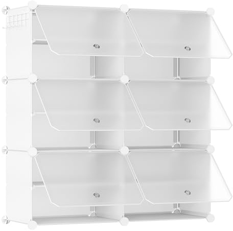 HOOBRO Schuhregal mit 6 Fächern, Schuhschrank, für 24 Paar Schuhe, 40 x 30 x 30 cm pro Fach, schmal, mit Türen, Kunststoff, für Wohnzimmer, Schlafzimmer, Flur, Weiß und Transparent EWW26SC01