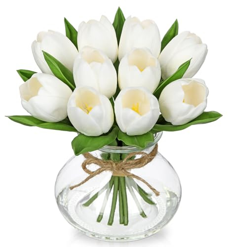 Hollyone Vita konstnärliga tulpaner i glasvas med falskt vatten, 25 cm falska blommor för heminredning, dekorativa blomsterarrangemang för vardagsrum, kök, bordsuppsats för bröllop, hylldekorationer