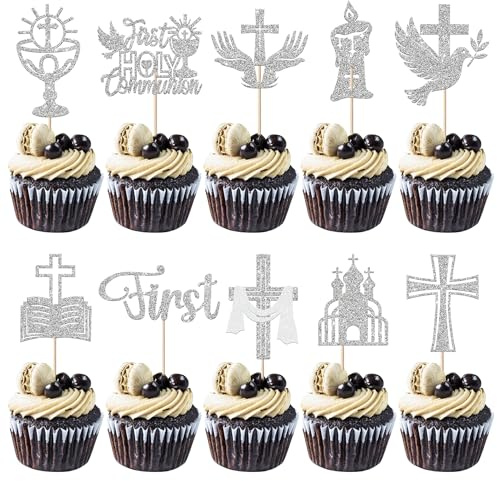 SYKYCTCY 30 Pack First Holy Communion Cupcake Toppers Religion Theme Cupcake Picks Glitter Cross Bible Angel God Bless Cake Decorations for First Communion Baptism Birthday Party Supplies Silver