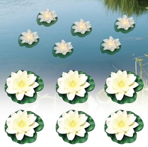 TaimeiMao Lot de 6 nénuphars artificiels flottants à LED, Lanterne Flottante, Fleurs de Lotus flottantes, nénuphars, pour Jardin, étang, terrasse, décoration extérieure, Blanc