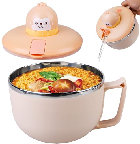 Ramen skål med lock, 1200 ml instant nudlar skål med timer och lock, 304 rostfritt stål ramen gryta, stor ramen skål instant skål servis för nudlar bento lunch