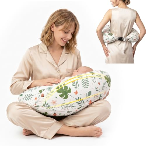 Almohada de Lactancia Ergonómica, Cojín de Lactancia con Borde Elevado, Funda Extraíble y Lavable, Cinturón Ajustable, Verde Oscuro