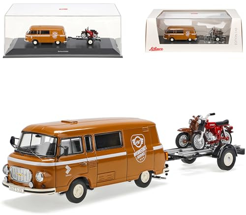 Generisch Barkas B1000 Transporter Braun Werkstatt Service mit Anhänger und 2X Simson DDR 1961-1990 1/43 Modell Auto Modell Auto
