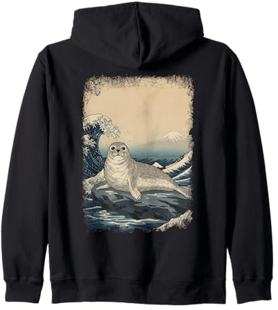 Kawaii Harbor Seal Ocean Waves Japanese Landscape Zip Hoodie