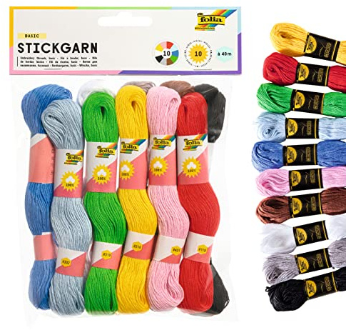 folia 23992 - Stickgarn, 100 % Baumwolle, 10 Docken à 40 m in 10 Farben sortiert, zum Sticken, Knüpfen und Basteln