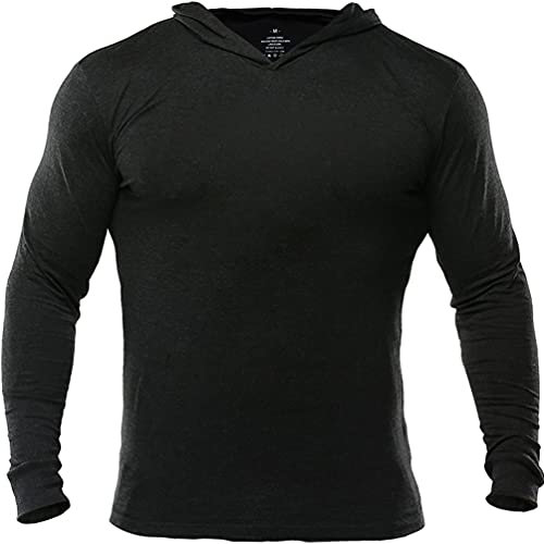 Muscle Alive Herren Gym Dünne Langarmshirt Mens Bodybuilding Hoodies Kapuzenpullover Sweater Longsleeve Tops Baumwolle Schwarz L
