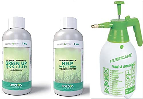 Bottos, Concime Green Up 1 Litro Rinverdente Acidificante Antimuschio per Tappeti Erbosi + Concime Help 10+5+7+Micro da 1 litro con Pompa Spruzzatore a Pressione 2L