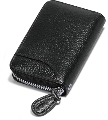 Credit Card Holder Small RFID Blocking Ladies Wallet with Stainless Steel Zipper Excellent Genuine Leather Accordion Wallets Case for Mens and Womens id Compact Slim Blocked Zip Accordian Cards Black