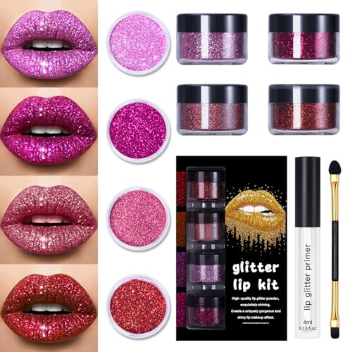 LOKFAR 4 Colors Glitter Lip Kit - Shiny Diamond and Metallic Glitter Lipstick Gloss Pigment Powder, Waterproof & Long Lasting Shimmer Lip Makeup Set for Women (Set A Warm Color)