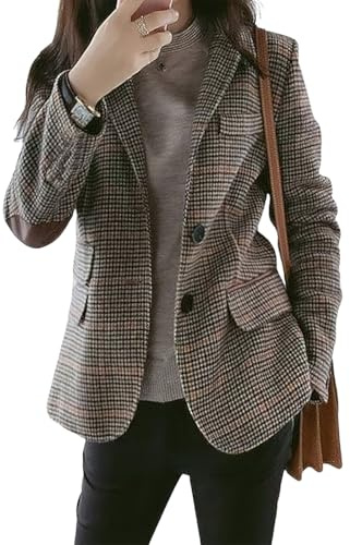 ebossy Womens Vintage Nothced Lapel Single Breasted Boyfriend Blazer Suits Houndstooth Plaid Jacket Coat with Patched Elbow, Khaki-a, M