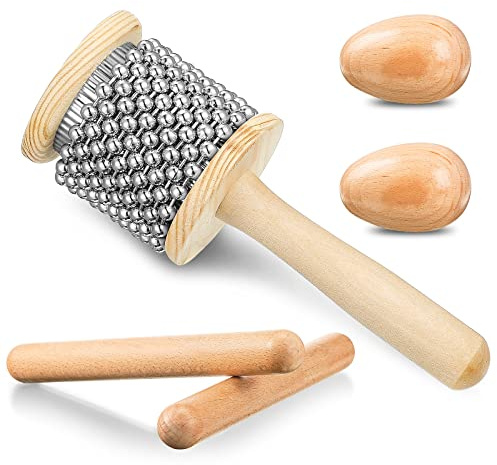 Nuanchu 5 Pcs Wooden Hand Percussion Instrument Set Mini Wooden Cabasa with Stainless Steel Breads Musical Latin Instrument Classical Wood Percussion Claves Rhythm Sticks Egg Shakers for Adult