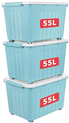 Cetomo 55L*3 Aufbewahrungsboxen, Rillen-verstärkte Kunststoffboxen mit Rollen & Deckeln, Stapelbare Aufbewahrungskiste, Ordnungsboxen für Zuhause und Büro, PP, Blau, 55L (3er Pack)