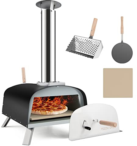 GYMAX Forno per Pizza all’Aperto, Forno per Pizza a Legna con Pietra per Pizza da 33 cm, Protezione Antincendio, Camino Rimovibile, Forno per Pizzaioli Portatile per Cortile, Campeggio, Cucina
