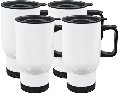 Sumex 4pcs Sublimation Blanks Stainless Steel Double Wall Vacuum Insulated Cups with Lids and Handle Stainless Steel White Coffee Mugs for Vehicle Cup Holders Travel Tumbler Car Cups