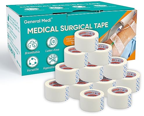 Soft Paper Surgical Tape 1 x 10.9 Yards, Gentle Adhesion (12 Rolls)