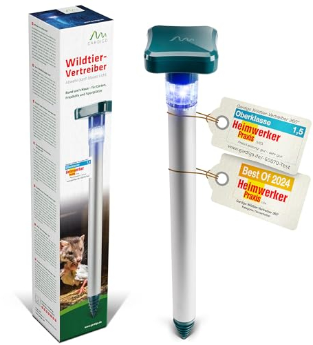 GARDIGO® Wildtierabwehr mit blauem LED-Licht | Wildtier-Vertreiber mit 360° Streuung für den Garten | Wildtiere vertreiben durch blaues Licht | Für Friedhöfe, Gärten, Sportplätze, Beete