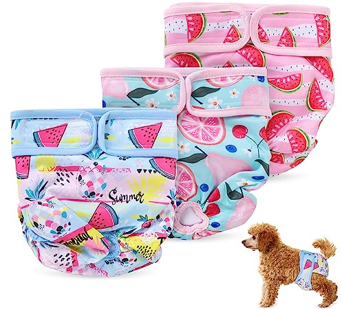Reusable Dog Nappies 3pcs, Super Absorbent Dog Period Pants for Female, Washable Dog Diapers Puppy Sanitary Wraps Panties, Adjustable Dog Pants Dog Nappies for Small Medium Large Dogs (Fruit 2, S)