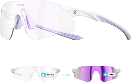 KAPVOE Selbsttönende Fahrradbrille Herren Damen UV400 22g TR90 K108 | Farbwechsel klar zu blau CAT.1-CAT.2, UV400 PC-Scheibe, 22g TR90, verstellbares Silikon-Nasenpad