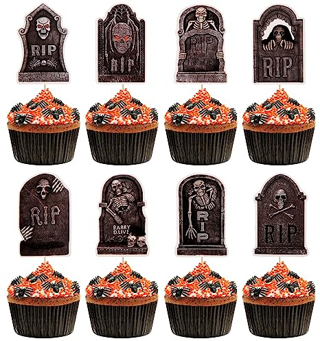 48 Stück Grabsteine Kuchenaufsatz, Halloween Cake Topper Grabstein Cupcake Gruselige Picks Friedhofs, Dekoration für Halloween-Party