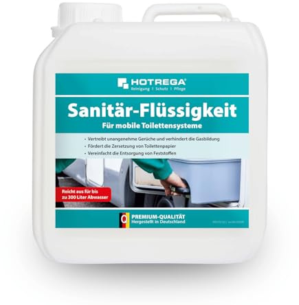 HOTREGA Campingtoiletten Sanitärflüssigkeit 2L | Zusatz für Abwassertank | Zersetzt Fäkalien & Toilettenpapier | Geruchsstopp im Wohnmobil-WC | Biozid für Caravan, Boot & mobile Sanitäranlagen