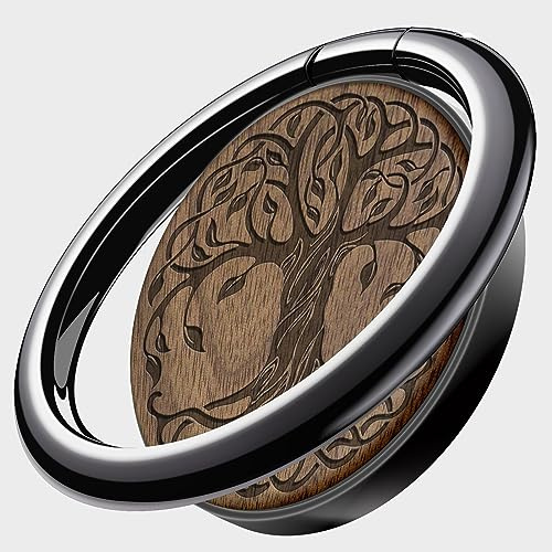 Carveit Wooden Cell Phone Ring Holder Finger Stand Grip Hook Phone Kickstand Compatible With Galaxy S23 Ultra S22 iPhone 15 Pro Max 11 12 13 14 Pixel 7 6a-Walnut/Black/Tree of Life [1 Pack]
