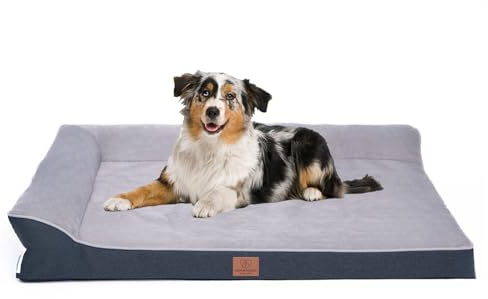Warenhammer Orthopädisches Premium Hundebett mit Egg Foam, extra Halteschlaufe, Wasserdichter Innenbezug, Hundesofa, Hundekissen, flauschig, Bezug abnehmbar, waschbar, 89 x 63 x 17 cm, Hellgrau (XL)