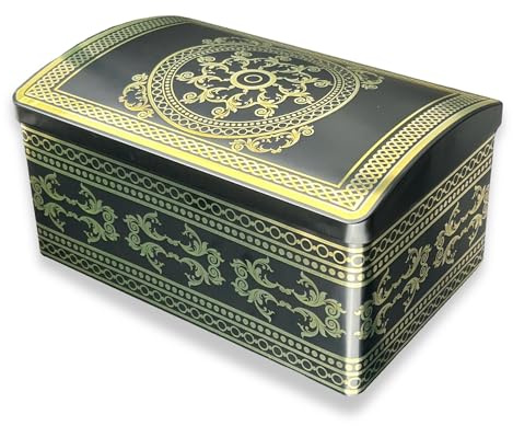 MediMuc Stor ornamentkista – svart burkburk med guldfärgade ornament – livsmedelssäker – förvaringsburk, kakburk, plåtburk – mått: (längd x bredd x höjd): 27,5 x 18,7 x 14,2 cm