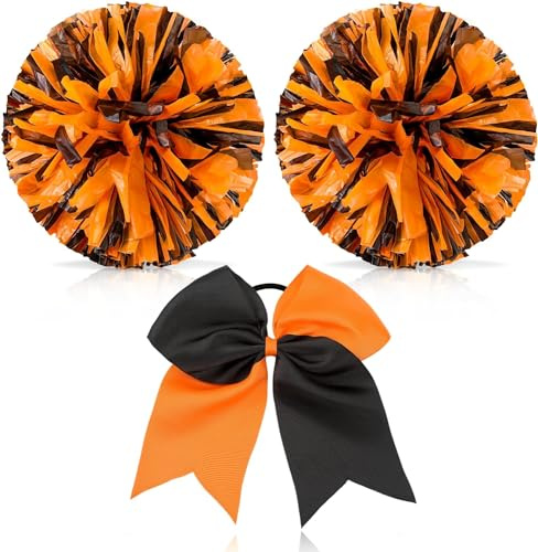 Theaque Cheerleading Pom Poms and Large Cheerleader Hair Bow for Girl, 12 Inch Large Metallic Cheer Cheerleader Pom Poms for Sports Team Spirit Cheering (Orange Black Mixed)
