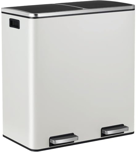 LIFERUN Mülleimer 2 Fächer, Abfalleimer Küche 60L (2x 30 Liter), aus Metall, mit Softclose Deckel, 2 pcs Kunststoff Inneneimer, Griffe, Rechteckiger, Doppelfach Treteimer- Elfenbeinweiß