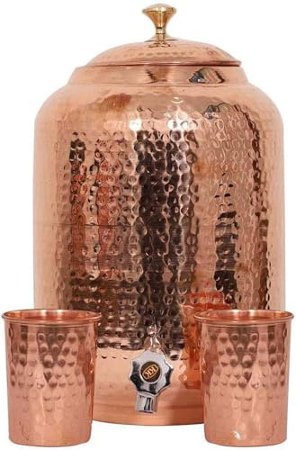 Devyom Distributore di acqua in rame, 100% puro rame, calibro pesante, martellato a mano, brocche per l'acqua, coperchio e rubinetto in acciaio inox inclusi, disponibile in varie dimensioni (4 litri)
