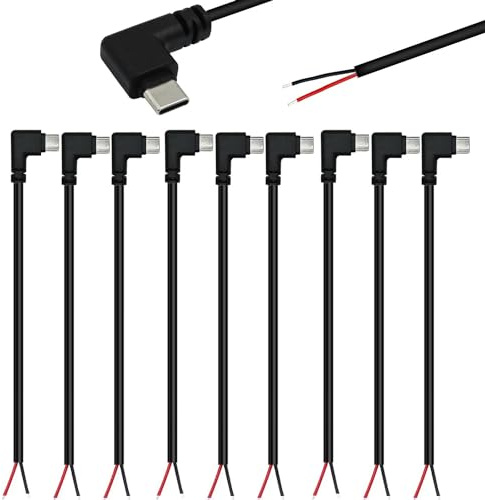 RUNCCI-YUN 10Pcs 25cm 22AWG 90 Grad USB Typ C Stecker Pigtail Stromkabel, 5V 3A USB-C-Stecker auf 2-Poligen Blanken Draht Offenes Ende, USB Typ C Pigtail Kabel-Verlängerungskabel, für LED-Leuchten