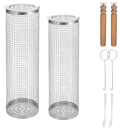 Yominerr 2-Teiliger BBQ-Grillkorb, Rollbarer BBQ-Gemüse-Grillkorb Aus Edelstahl mit Abnehmbarem Holzgriff, Runder BBQ-Käfig