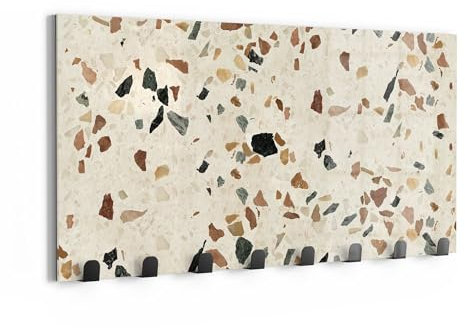 DEQORI Wandgarderobe Glas & Metall | Motiv Bunter Terrazzo-Stil | 60x30 cm | Design Haken-Leiste modern | Garderoben-Paneel für Flur, Wohnzimmer & Schlafzimmer | magnetisch & beschreibbar