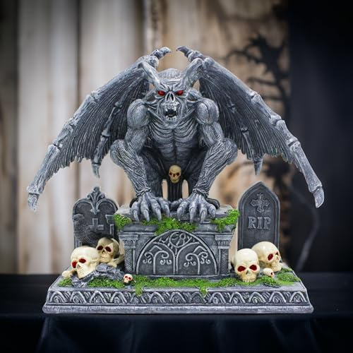 OrnamentallyYou Grave Guardian Gargoyle Figurine, 10 Solar Powered Gothic Halloween Garden Statue