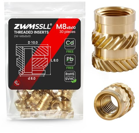 ZWMSSLL Lot de 30 inserts filetés M8 pour composants d'impression 3D et pièces en plastique, écrous moletés métriques en laiton M8 x 8 x 10 mm