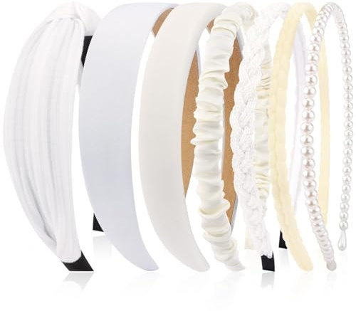 Kotkiddy 7 Stück Haarreifen Set Damen, verschiedene Modelle, Perlen Stirnbänder, Stirnbänd Kunststoff Haarreif Stirnbänder Haarband für Mädchen Damen (weiß)
