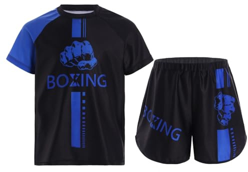 LiiYii Conjunto Muay Thai Camiseta Pantalones cortos de Boxeo MMA Kickboxing Entrenamiento Luchas Artes Marciales Rendimiento 5-16 Años, azul, 13-14 Años