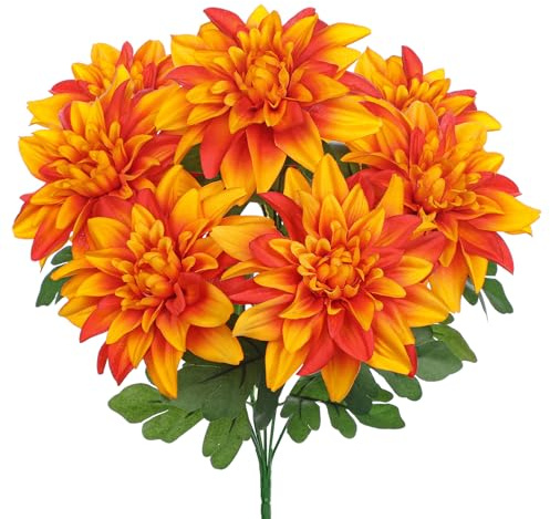 Hollyone Kunstblumen Wie Echt Dahlien Künstliche Blumenstrauß 7 Köpfe Seide Dahlie Deko Blume Orange Dahlie Blumenarrangement für Hochzeit Partei Tischaufsätze Heim Küche Vase Dekoration
