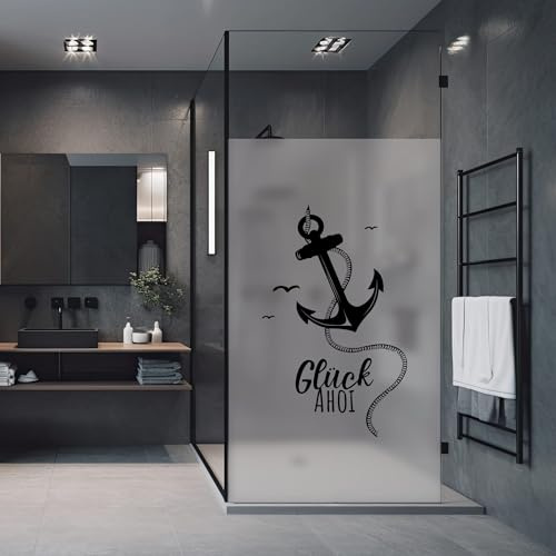 Wandtattoo Loft Sichtschutzfolie Duschkabine mit maritimem Anker Motiv Glück AHOI, in schwarz oder weiß, Folie für Duschglastüren, Duschwand Folie, Adhäsionsfolie für Duschkabine