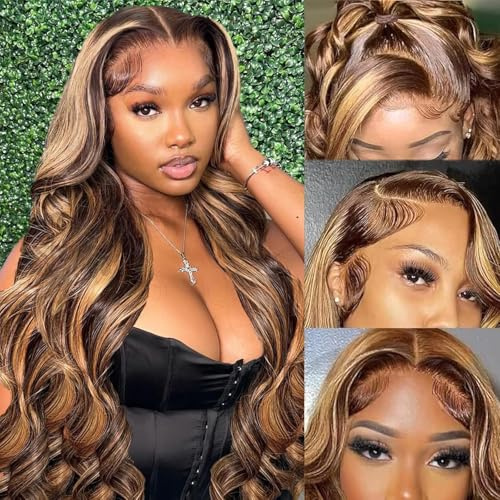 Ombre Highlight Perücke Damen Natürliche brasilianische Body Wave Echthaarperücke, 13x4 HD Lace Front Perücke Echthaar, P4/27 Ombre Glueless Echthaarperücke 22 Inch(56cm)