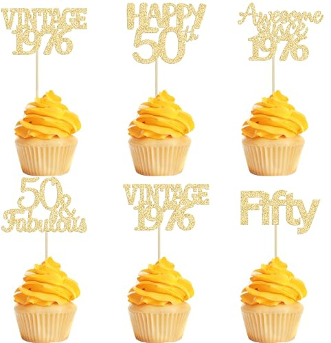 Gyufise 30Pcs Happy 50th Birthday Cupcake Toppers Glitter Fifty Vintage 1976 Cupcake Picks Cheers to 50 Fabulous Cake Decorations for 50th Birthday Wedding Anniversary Party Supplies Gold