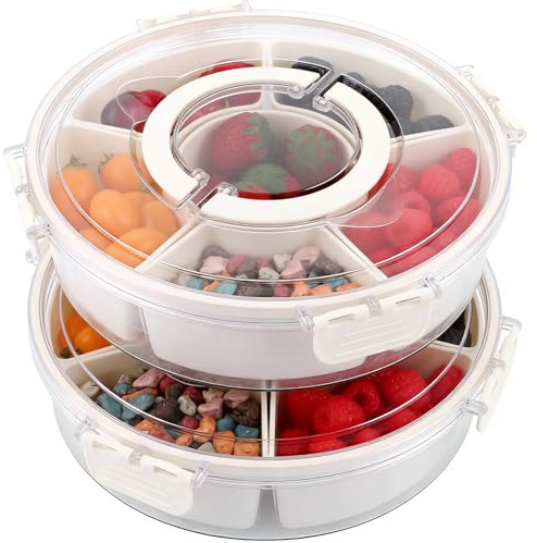 MUXHEL 2 Stück Snackbox mit Fächern, Snackbox, Drehbare Snackschale, Snackteller mit Deckel und Griff, Snacktablett, Servierplatte mit Deckel, für SüßIgkeiten Obst Gemüse -Round
