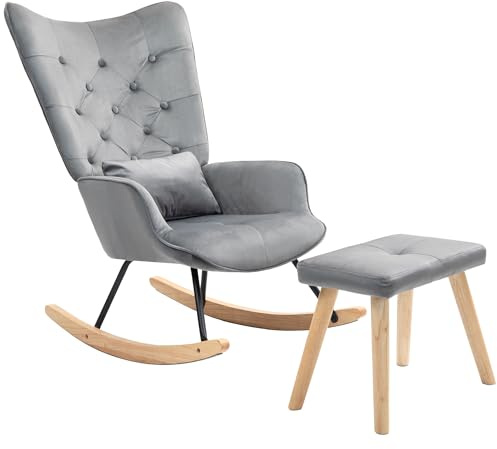 VSOGA Sillón mecedora con taburete, sillón relax con cojín, aspecto de terciopelo, sillón con patas de madera, dormitorio y salón, 66 x 96 x 101 cm, gris oscuro