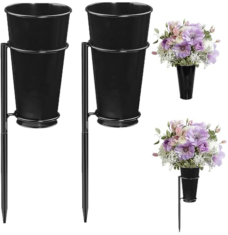 SKIKHN 2 Pack Cemetery Vases, Metal Cemetery Vase, Memorial Grave Vases, Ceramic Grave Vase with Stakes, for Gardens, Lawns and Outdoor Tribute, Graveside Decorations(Flowers are not included, Black)