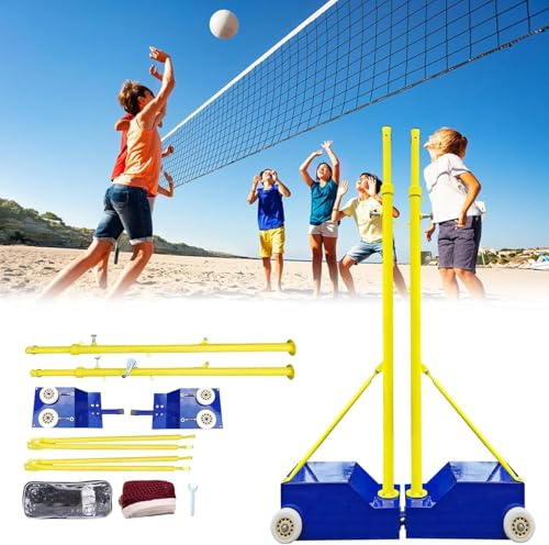 Volleyboll-/Badmintonstänger, Volleybollnät Badmintonset För Trädgårdar, Volleybollstänger Med Hjul, Justerbara Höjder 1,55 M-2,1 M, Kraftigt Volleybollnät Med Stänger, (Blå+gul)
