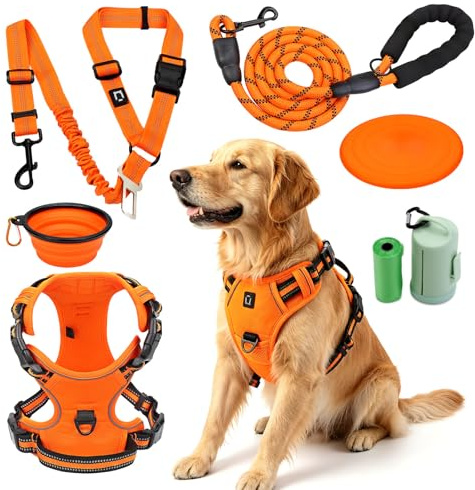 Hundegeschirr, Anti-Zug Hundegeschirr Set & Leine | Inkl. Auto Sicherheitsgurt, Faltbare Näpfe & Kotbeutelspender | Für kleine bis große Hunde | Ideal für Spaziergänge, Training & Reisen