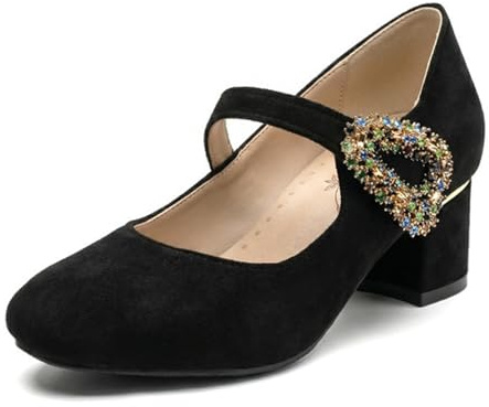 Mary Jane-pumps bröllop mocka rund tå spänne hjärta kristall häl block dam gästskor för ceremoni, svart, 36 EU