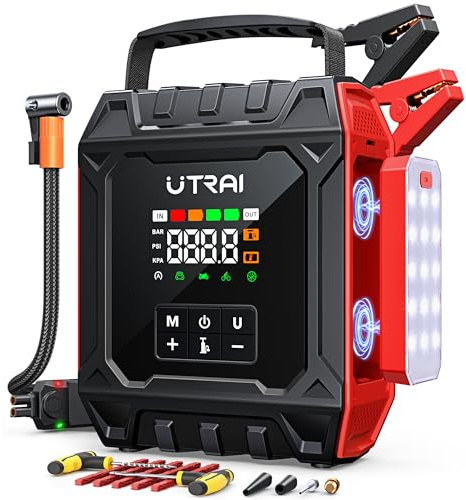 UTRAI 7000A Starthilfe Powerbank für Pkw mit Kompressor 160PSI, Auto Starthilfe Powerbank für Alle Benzin und Bis 12L Diesel, Starter Powerbank mit 1000 Lumen Magnetlampe, 18-W-Ausgang
