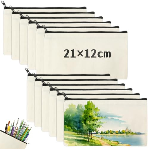 CAMETNG 12 Stück Mäppchen zum Bemalen, Canvas, 21 x 12 cm, Blanko, Waschbar | Stoffbeutel, mit Reißverschluss, Beige, Tragbar, Vielseitig Einsetzbar, für DIY Basteln, für Schreibwaren, für Kosmetik