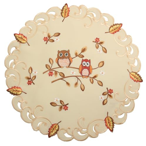 HanaQi Eulen Tischdeckchen Tischläufer Decke Kissenhülle Leinen-Optik Creme Beige Herbst Blatt Stickerei